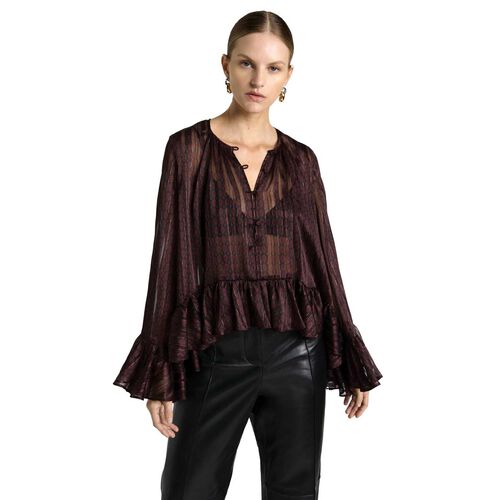 Cue Merlot Lurex Geo Frill Top